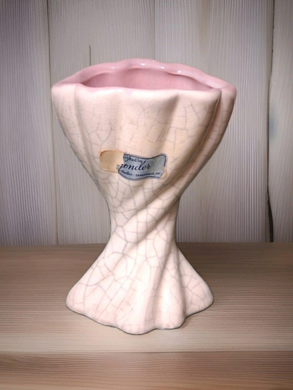 Vintage Gonder USA Pottery Vase Crackle Glaze, Pink Lining B-64